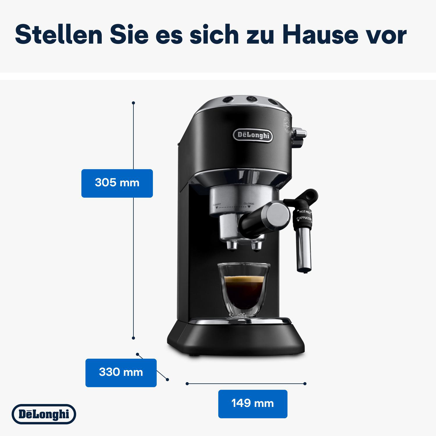 Eine Espressomaschine auf einer weißen Oberfläche. Abmessungen werden angezeigt: 305 mm Höhe, 330 mm Breite und 149 mm Tiefe.