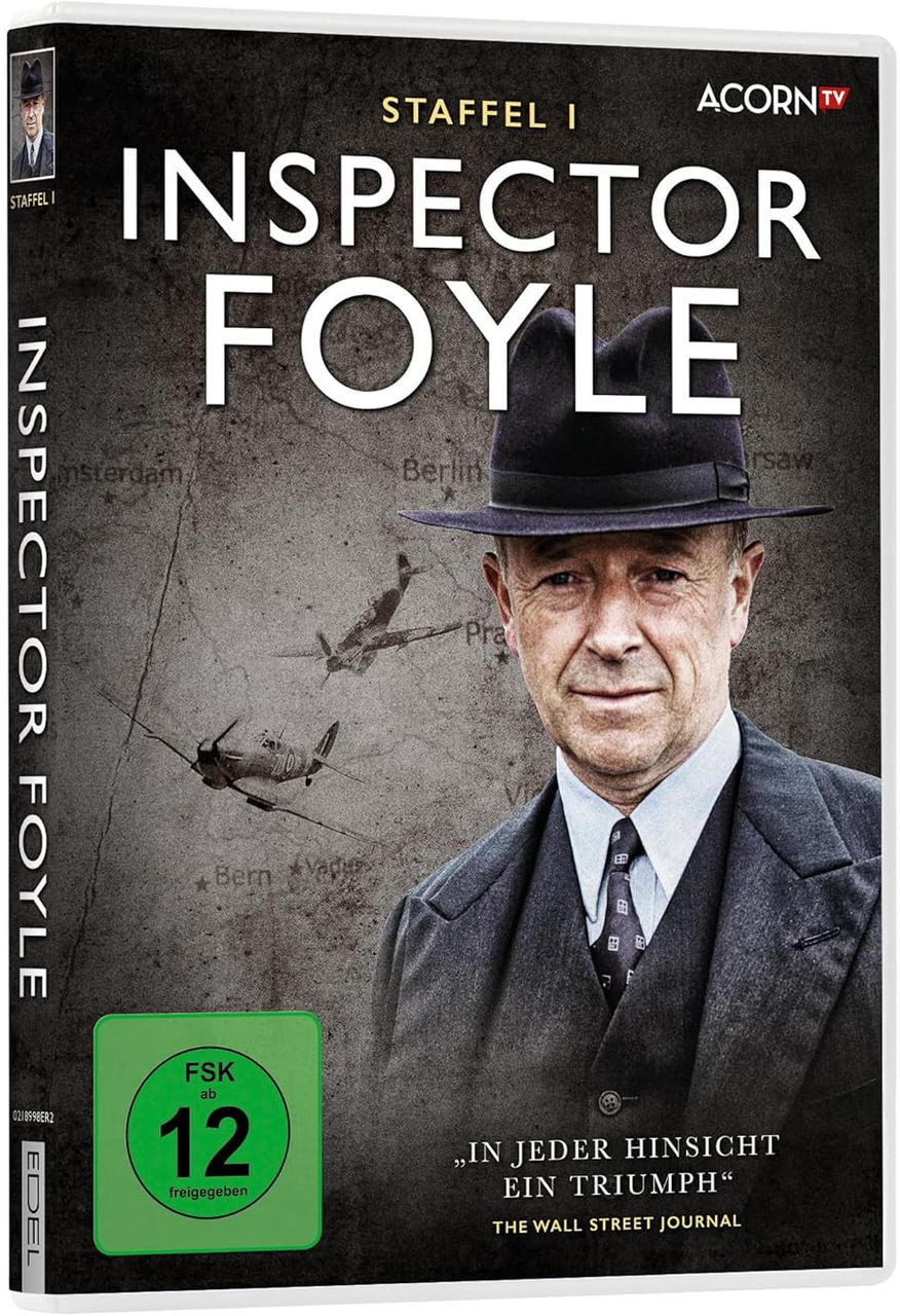 DVD-Hülle für Inspector Foyle, mit einem Mann mit Hut vor einer Europakarte.