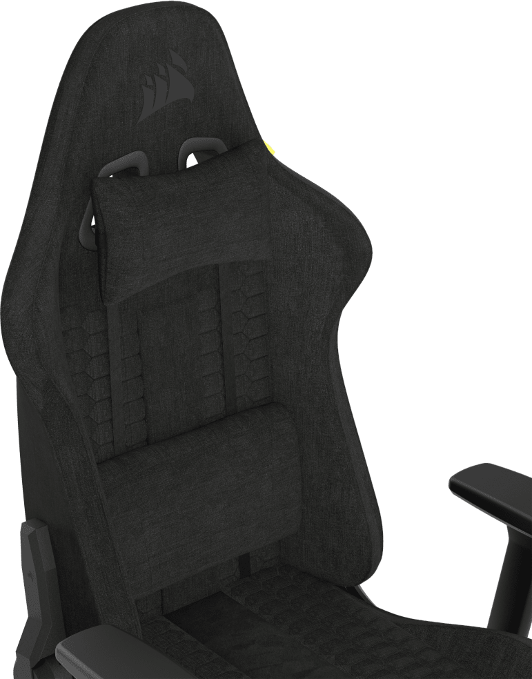 Schwarzer Gaming-Stuhl mit Kopf- und Lendenstütze, isoliert auf Schwarz.