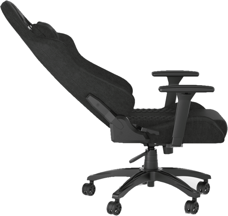 Ein schwarzer Gaming-Stuhl vor schwarzem Hintergrund, Seitenansicht, mit mehreren Rollen an der Basis.