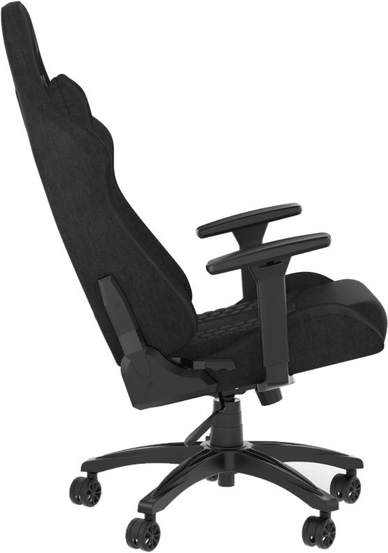 Schwarzer Gaming-Stuhl von der Seite, zeigt Rückenlehne und Armlehnen.
