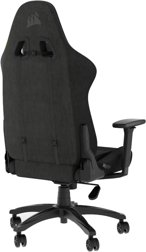 Rückansicht eines schwarzen Corsair-Gaming-Stuhls mit hohem Rücken und Lendenwirbelstütze.