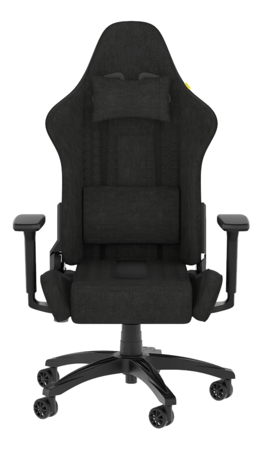 Schwarzer Gaming-Stuhl mit Kopfstütze und Armlehnen, auf schwarzem Hintergrund.