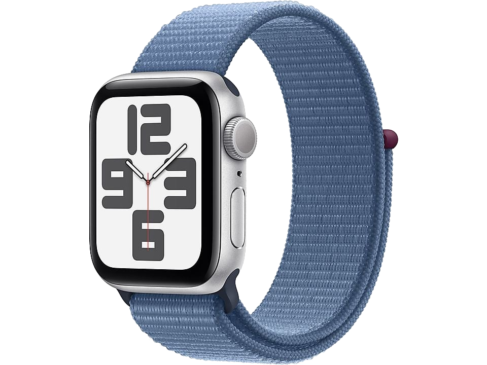 Un Apple Watch con una correa azul, mostrando la hora.