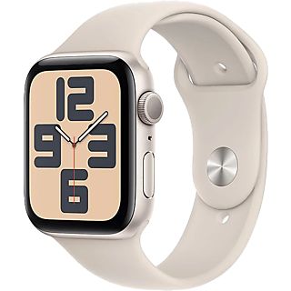 APPLE Watch SE (2023), GPS, 44 mm, Caja de aluminio blanco estrella, Vidrio delantero Ion-X, Talla M/L, Correa deportiva blanco estrella