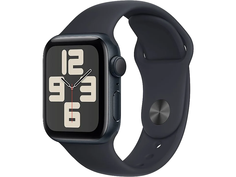 Apple Watch azul oscuro con pantalla negra que muestra la hora. Correa negra. Fondo blanco.