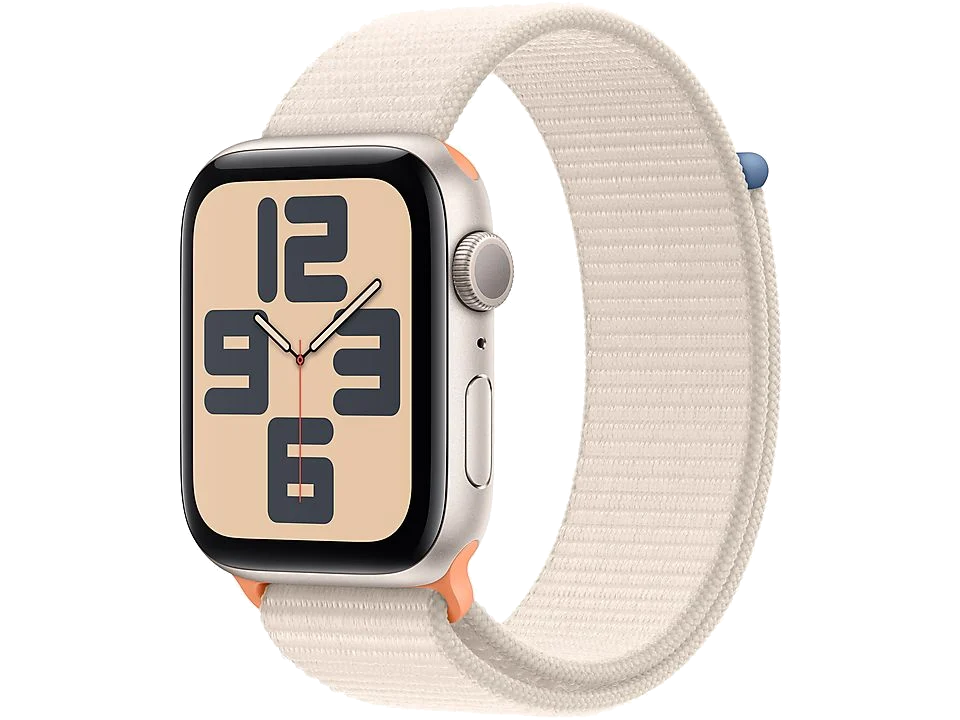 Un Apple Watch con una correa de color crema. La esfera muestra números grandes y en negrita.