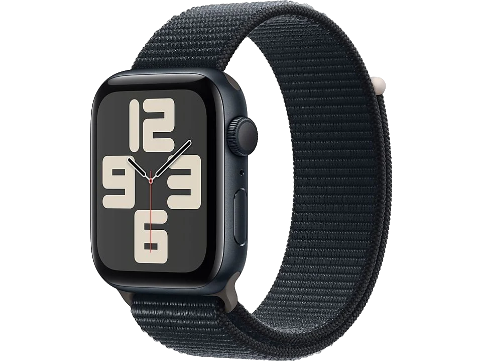 Un Apple Watch con una correa azul oscuro, mostrando la hora en una pantalla negra.