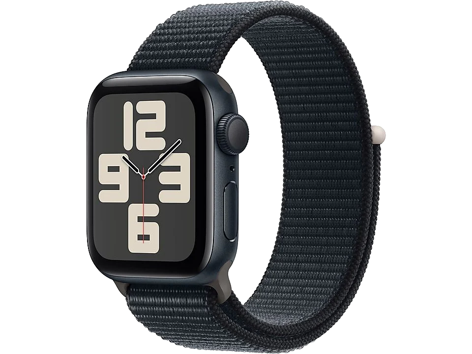 Un Apple Watch con caja negra y correa de tela azul oscuro. Muestra la hora.