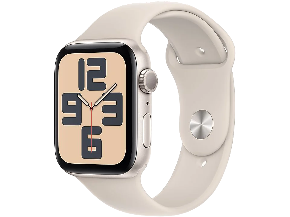 Apple Watch con correa color crema y pantalla negra que muestra la hora.