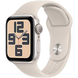 APPLE Watch SE (2023), GPS, 40 mm, Caja de aluminio blanco estrella, Vidrio delantero Ion-X, Talla S/M, Correa deportiva blanco estrella