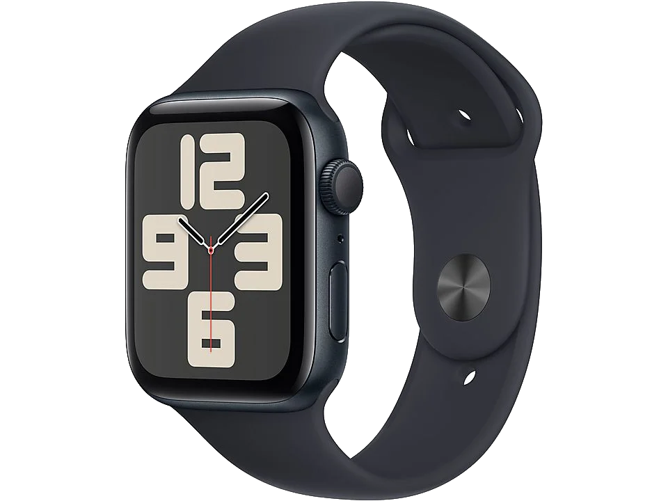 Apple Watch con correa azul oscuro y pantalla negra que muestra la hora.