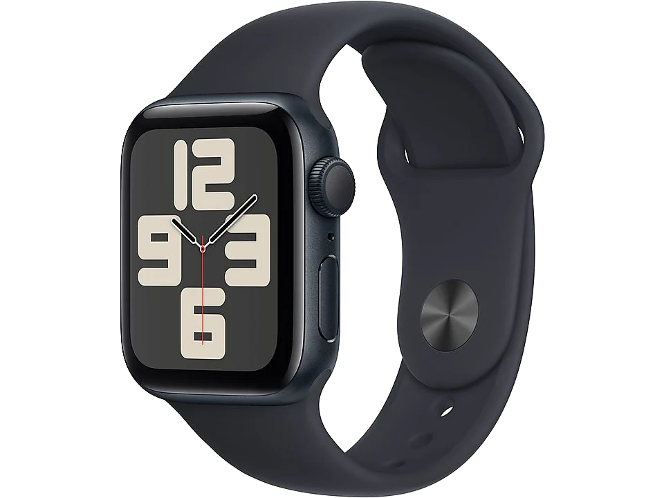 Apple Watch azul oscuro con pantalla negra, visualización digital del tiempo.