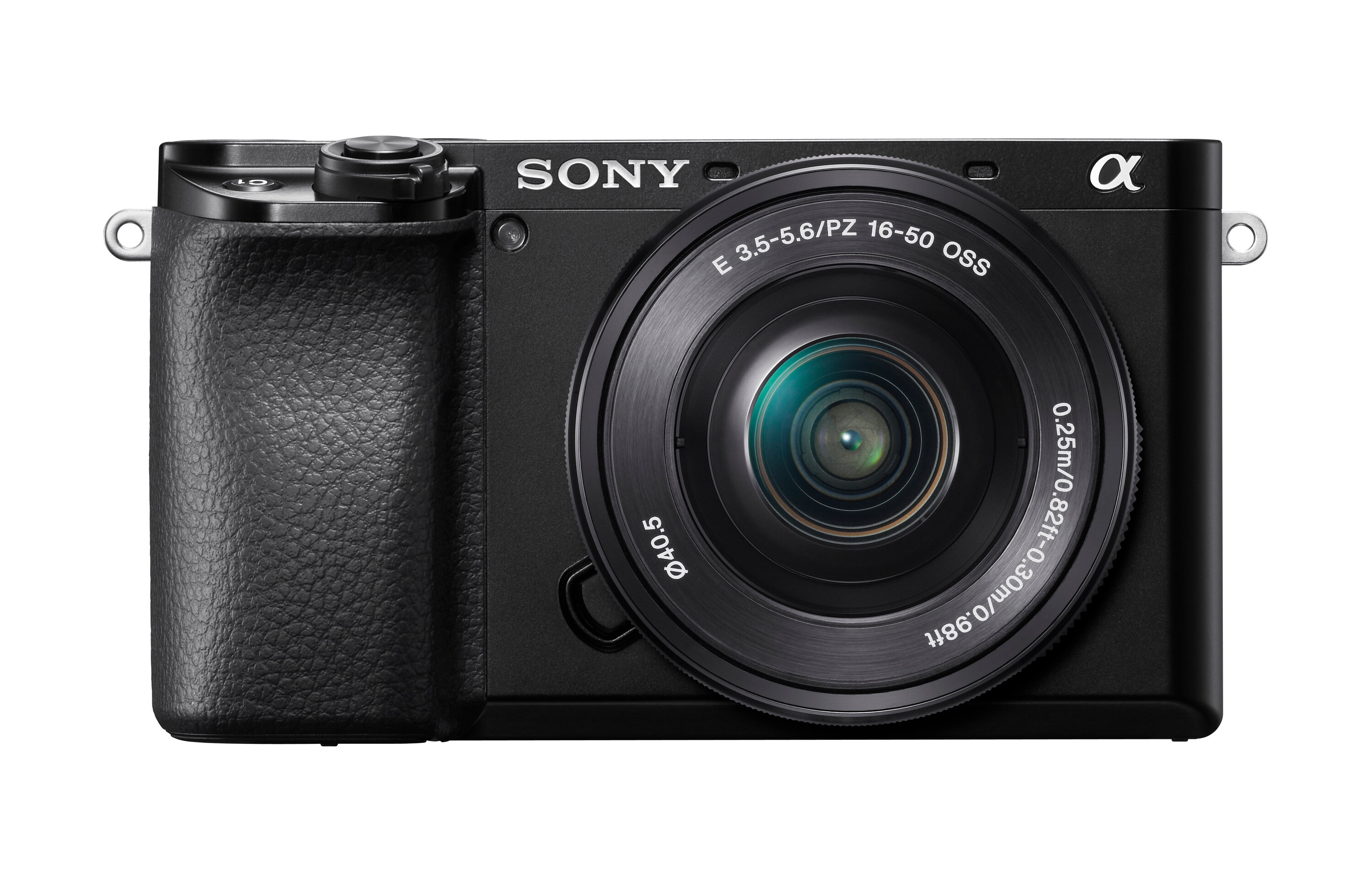 Czarny aparat Sony z obiektywem na białym tle.