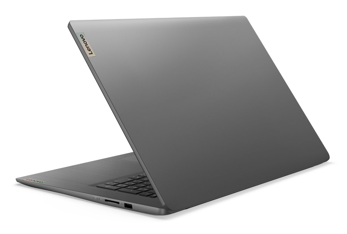 Szary laptop Lenovo, otwarty pod kątem, pokazujący klawiaturę i tył.