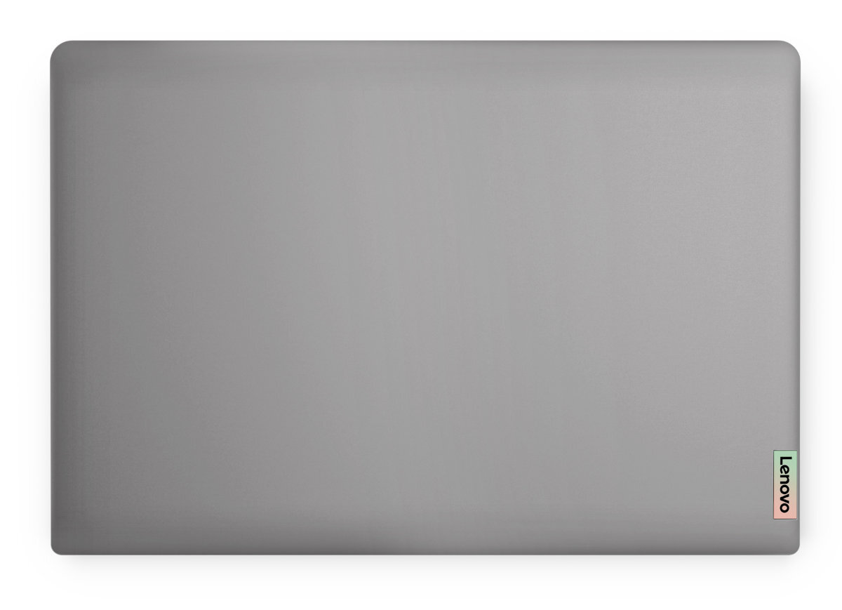 Szary laptop, widok z góry, z logo Lenovo w prawym dolnym rogu.