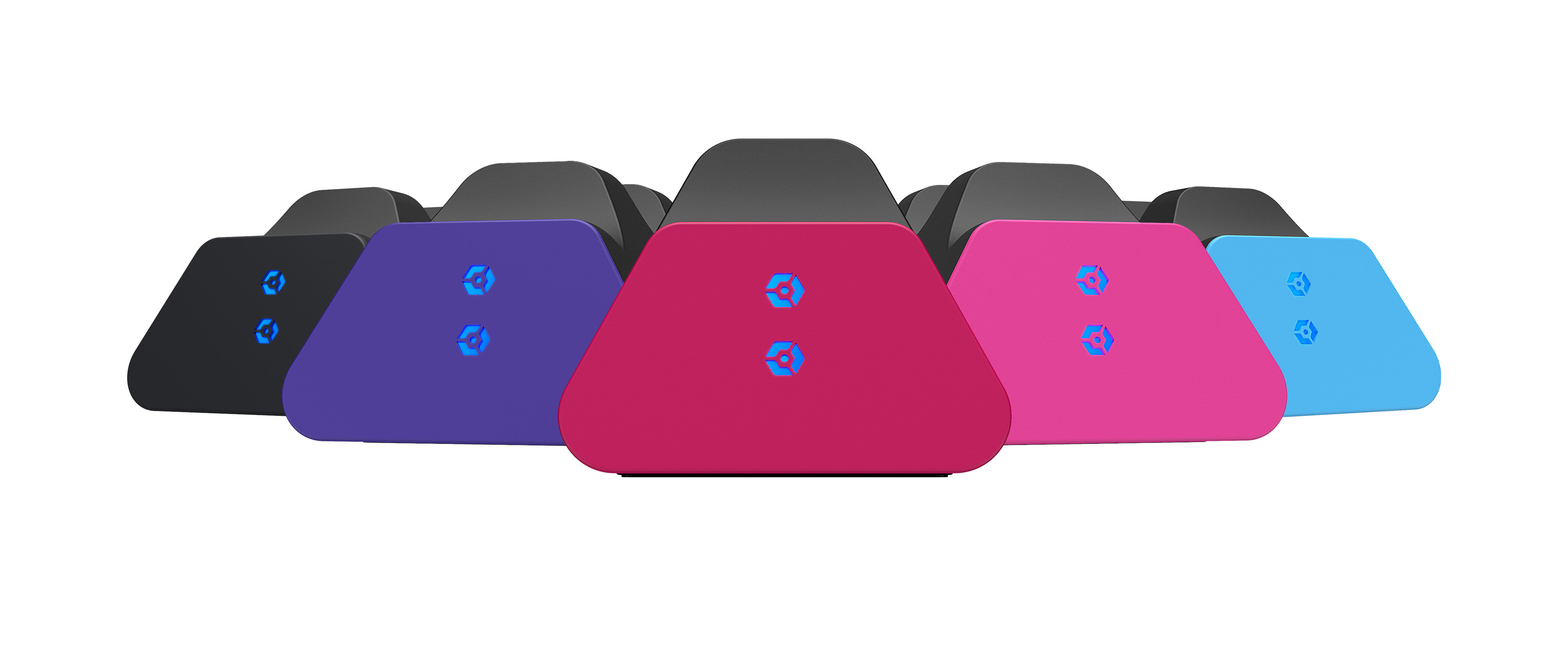 Zestaw sześciu kolorowych urządzeń. Każde urządzenie ma inny kolor i logo.