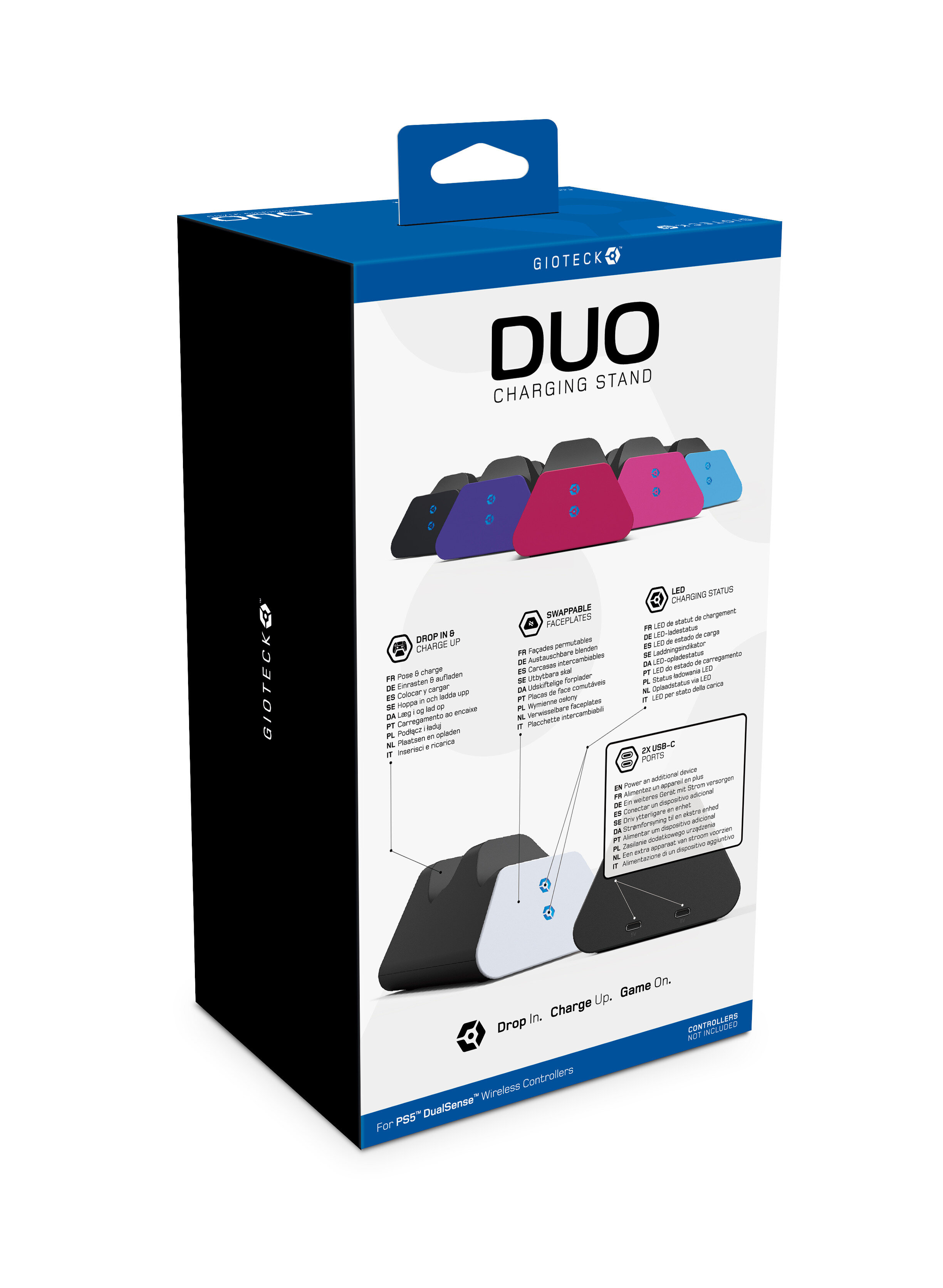 Pudełko na stację ładującą Gioteck Duo, ze zdjęciami stacji i kontrolerów.
