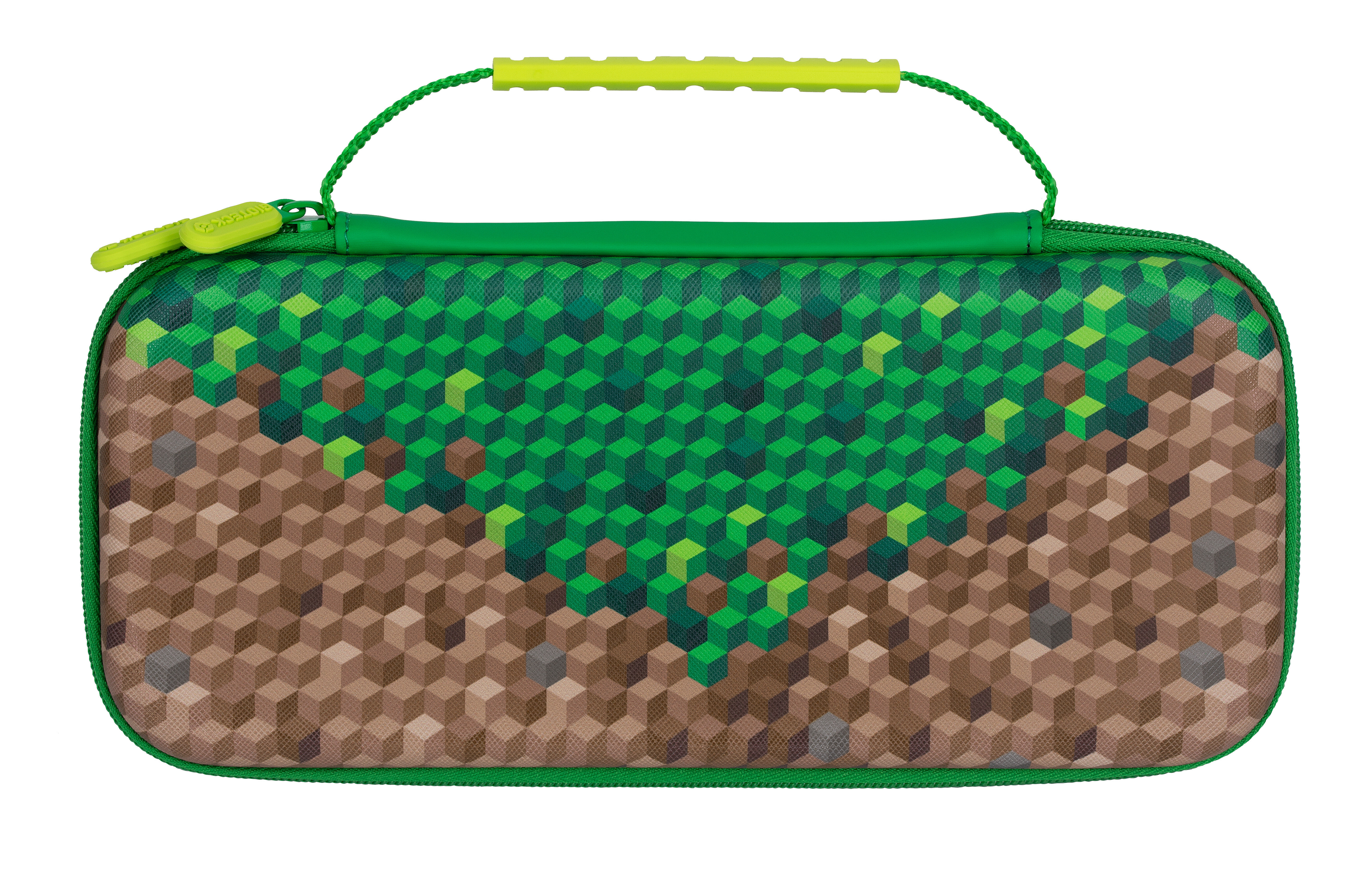 Zielono-brązowe etui o tematyce Minecraft z uchwytem i zamkiem błyskawicznym.