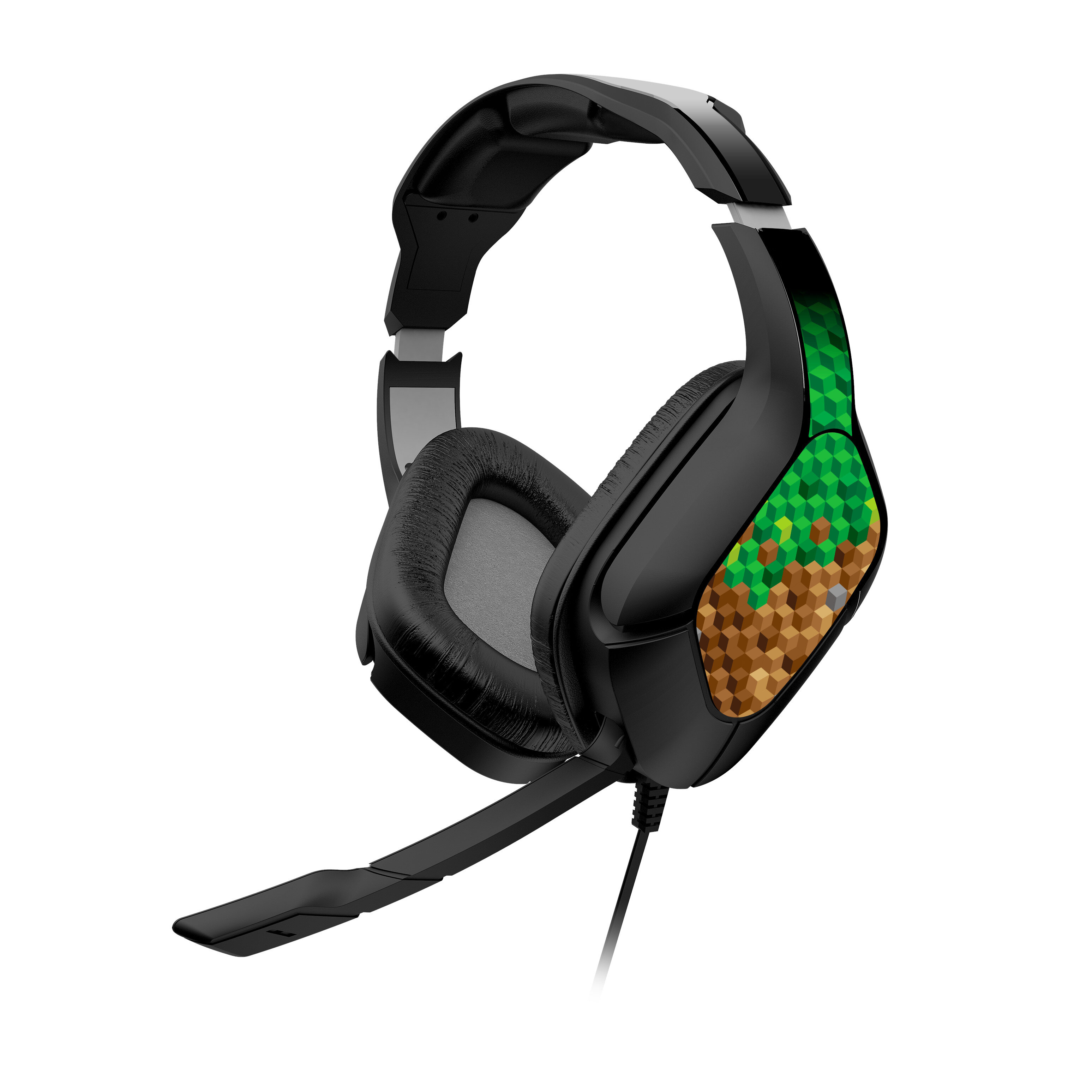 Czarne słuchawki z motywem Minecraft na nausznikach i mikrofonem.