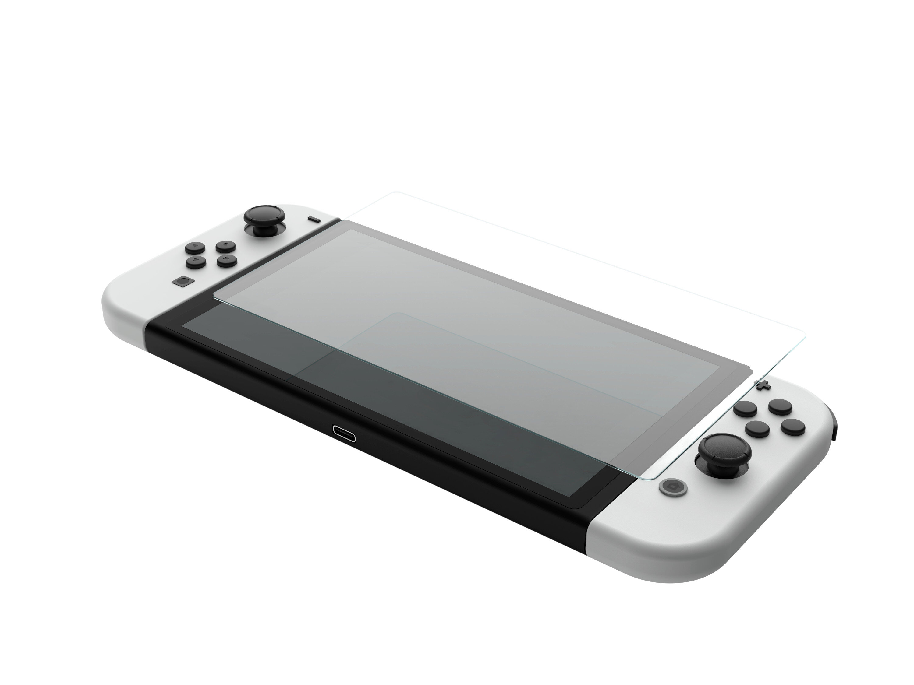 Konsola Nintendo Switch z nakładanym ochraniaczem ekranu. Switch jest biało-czarny.