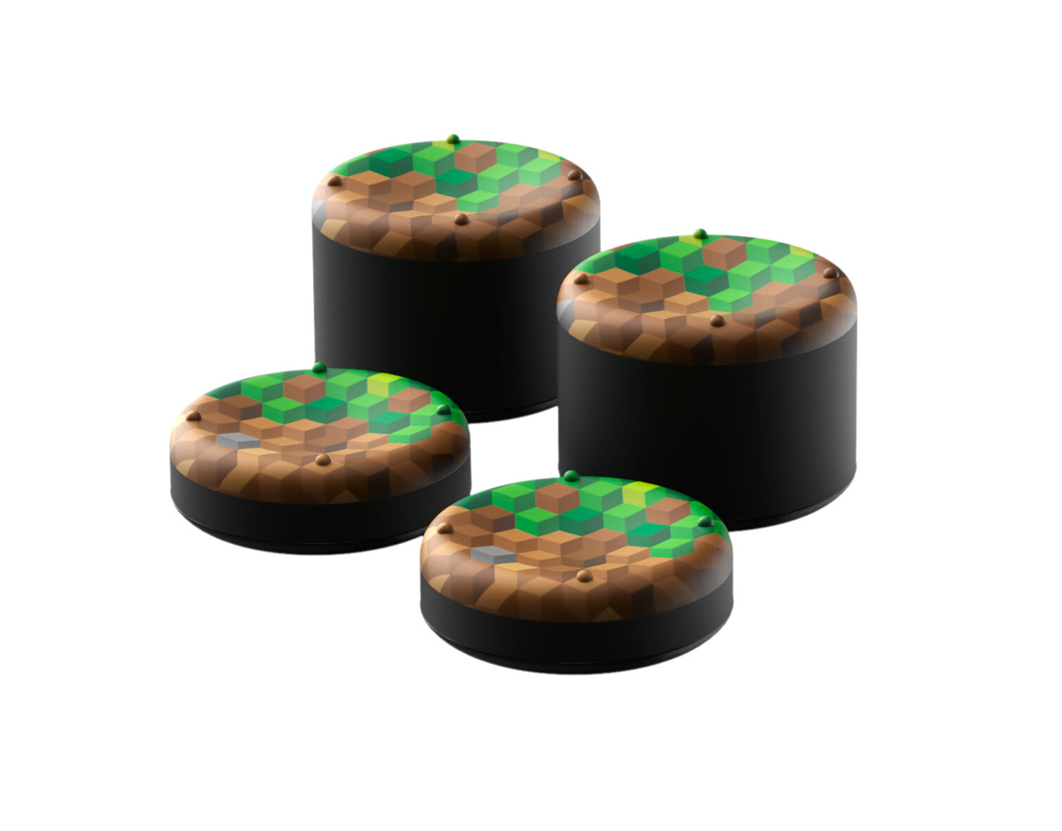 Cztery czarno-zielone nakładki na kciuki w stylu Minecraft.