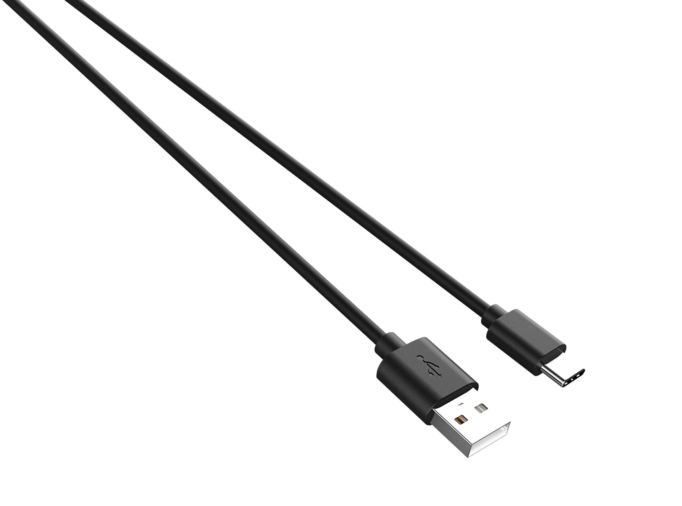 Czarny kabel USB-C do USB-A ze złączami, wyizolowany na białym tle.