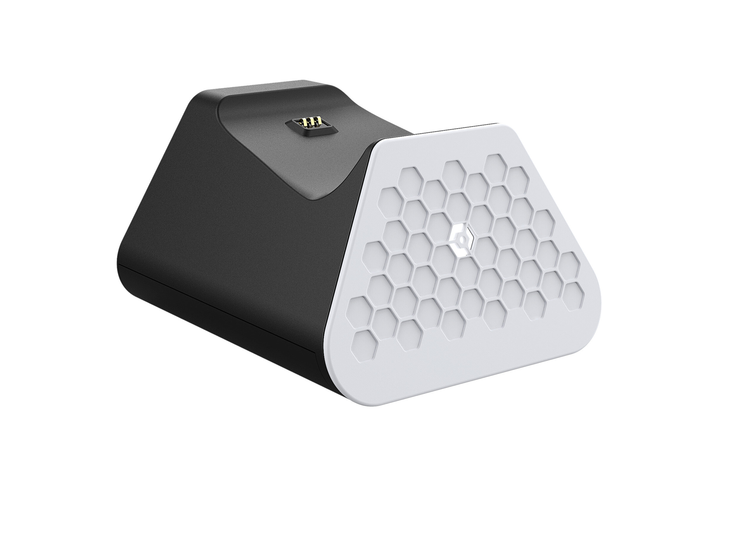 Czarno-biała ładowarka do kontrolera gier. Ma wzór plastra miodu i port USB.