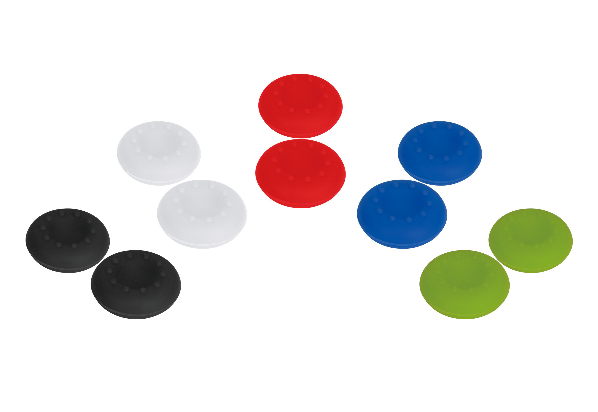 Wiele uchwytów na kciuki do kontrolera w różnych kolorach: biały, czerwony, niebieski, zielony i czarny.