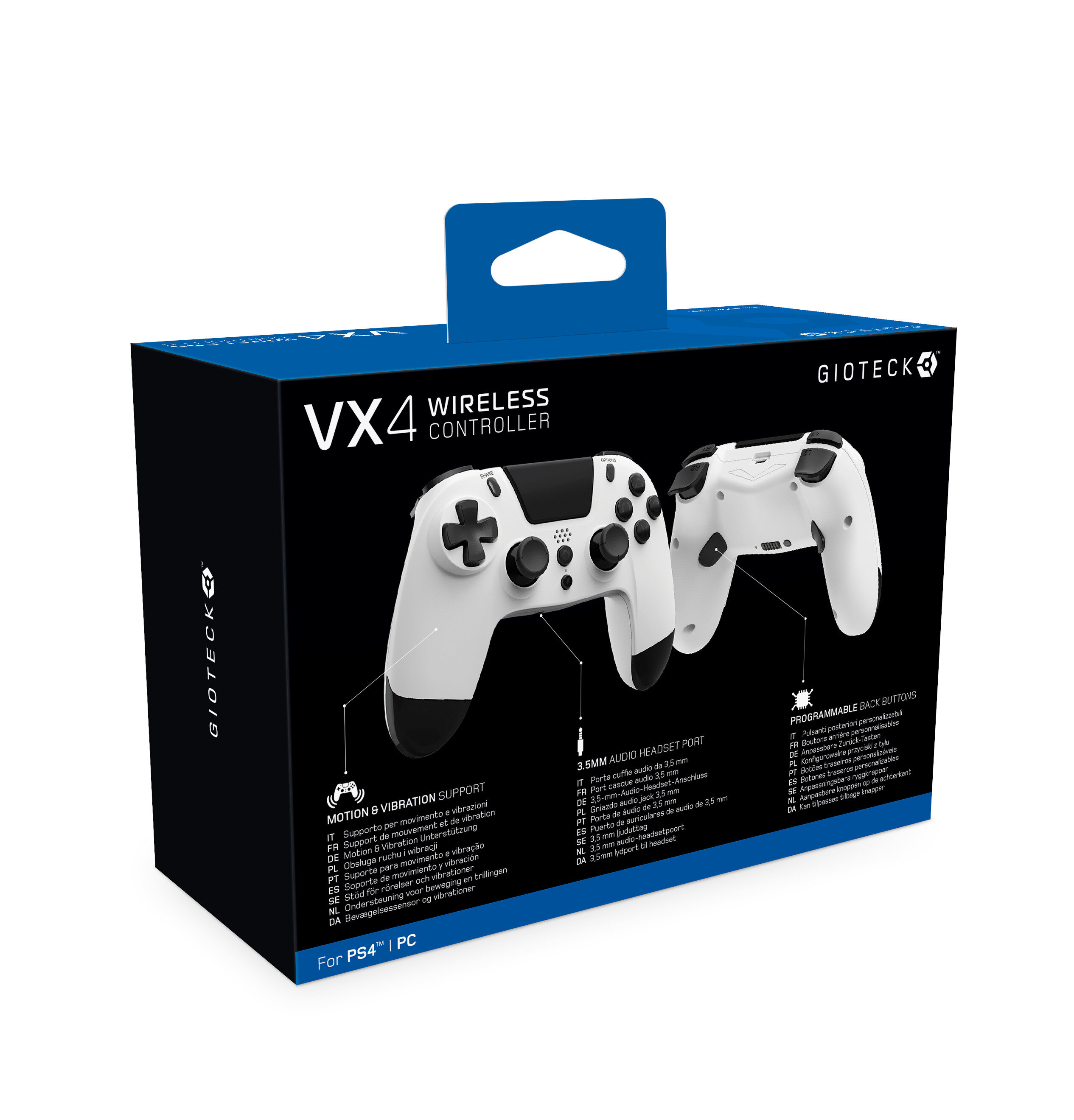 Biało-czarne pudełko kontrolera bezprzewodowego dla PS4/PC. Zawiera wsparcie ruchu i wibracji.