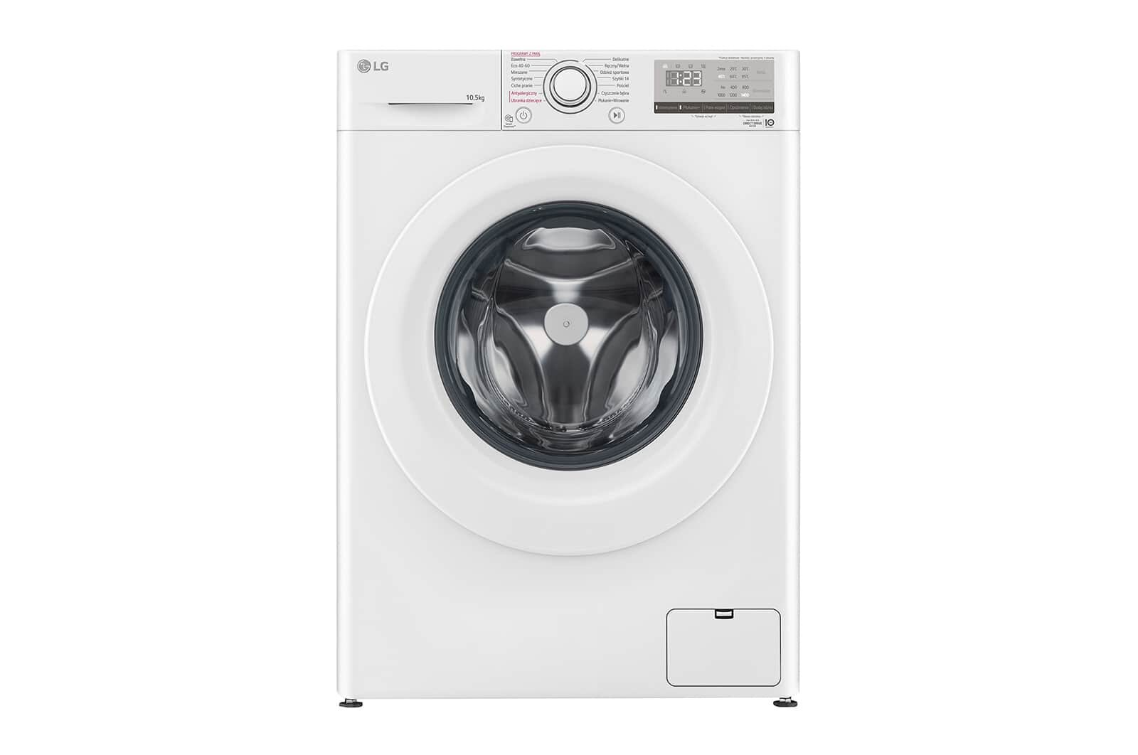 Biała pralka z dużymi drzwiami, panelem sterowania i szufladą na detergent.