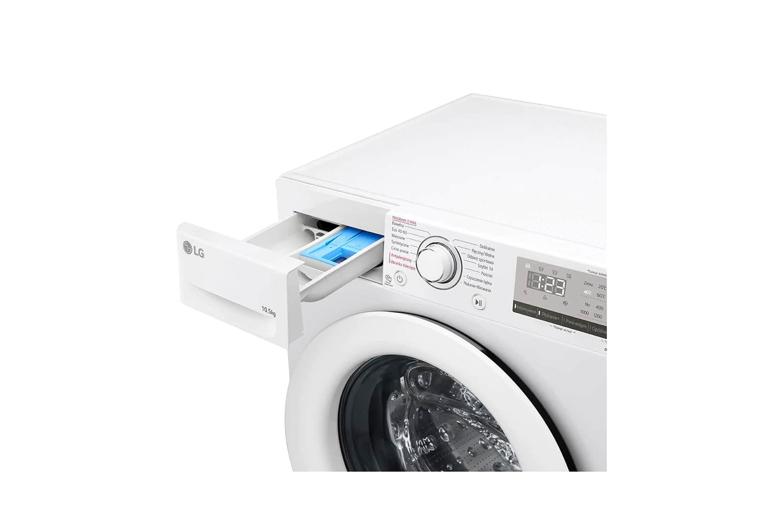 Biała pralka z otwartą szufladą na detergent. Widoczne elementy sterowania.