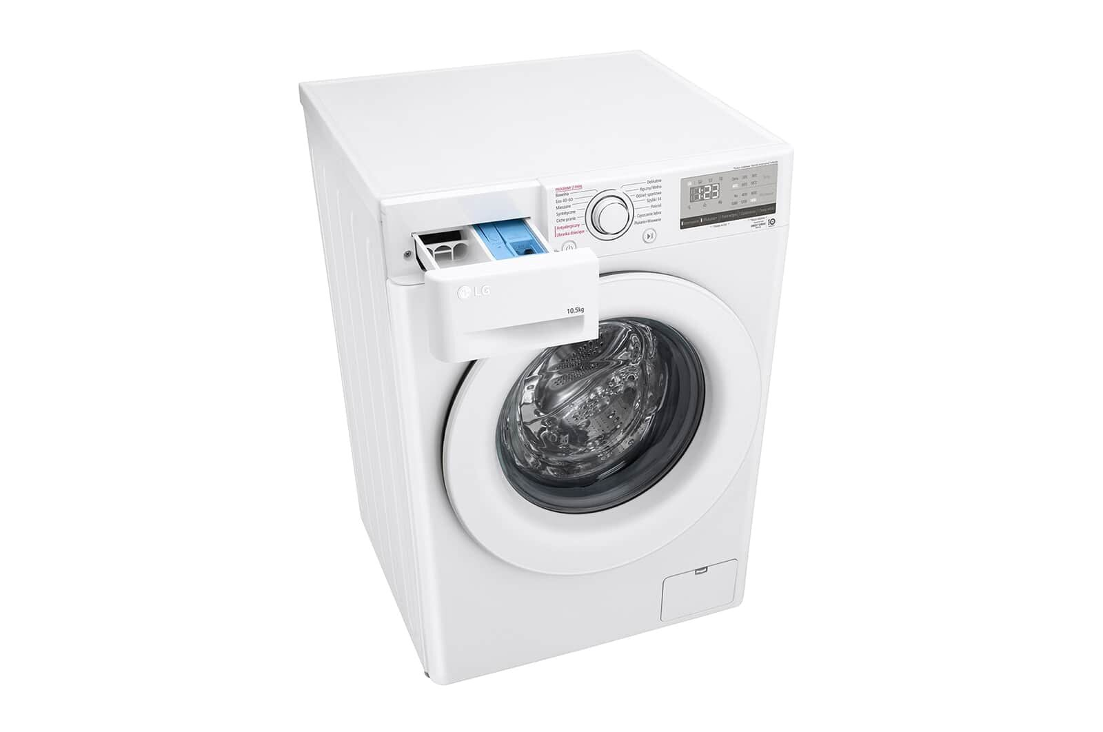 Biała pralka, widok z góry, otwarta szuflada na detergent.