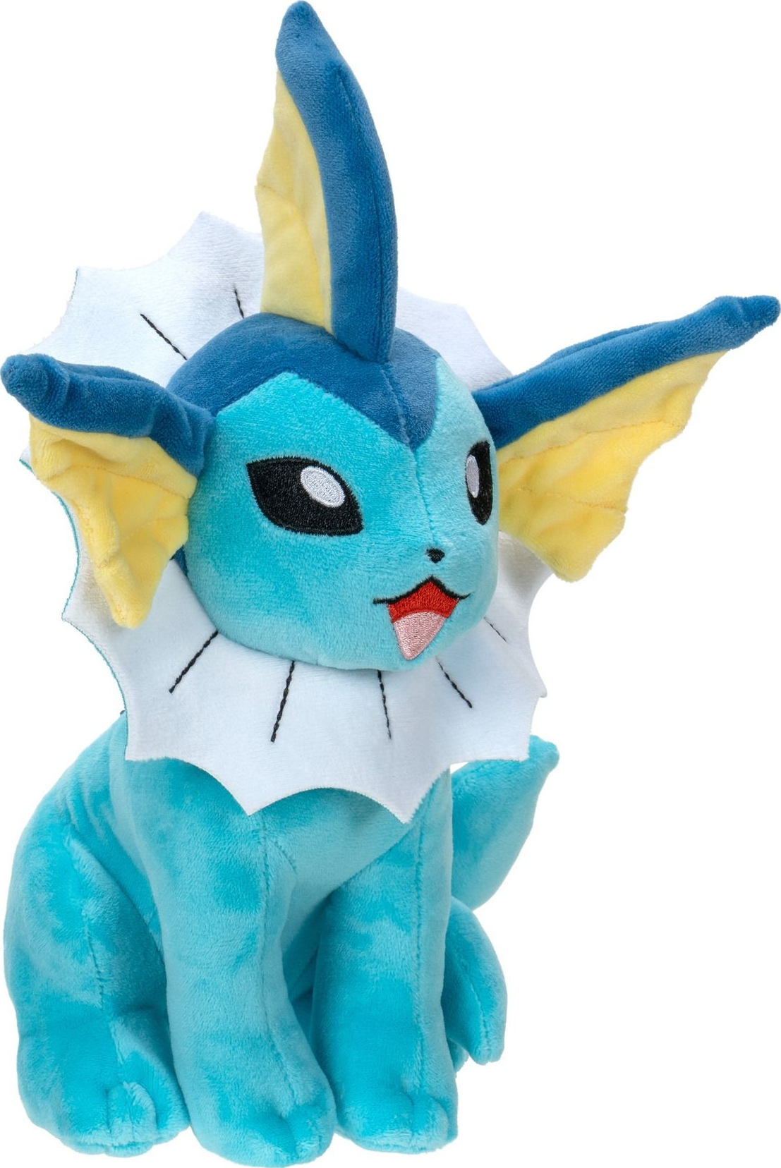 Ein blaues Vaporeon-Plüschtier mit weißen Rüschen, gelben Ohren und rosa Zunge auf weißem Grund.