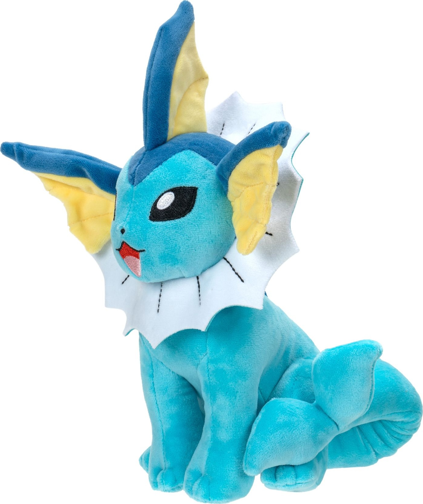 Ein Vaporeon-Plüschtier in sitzender Position.
