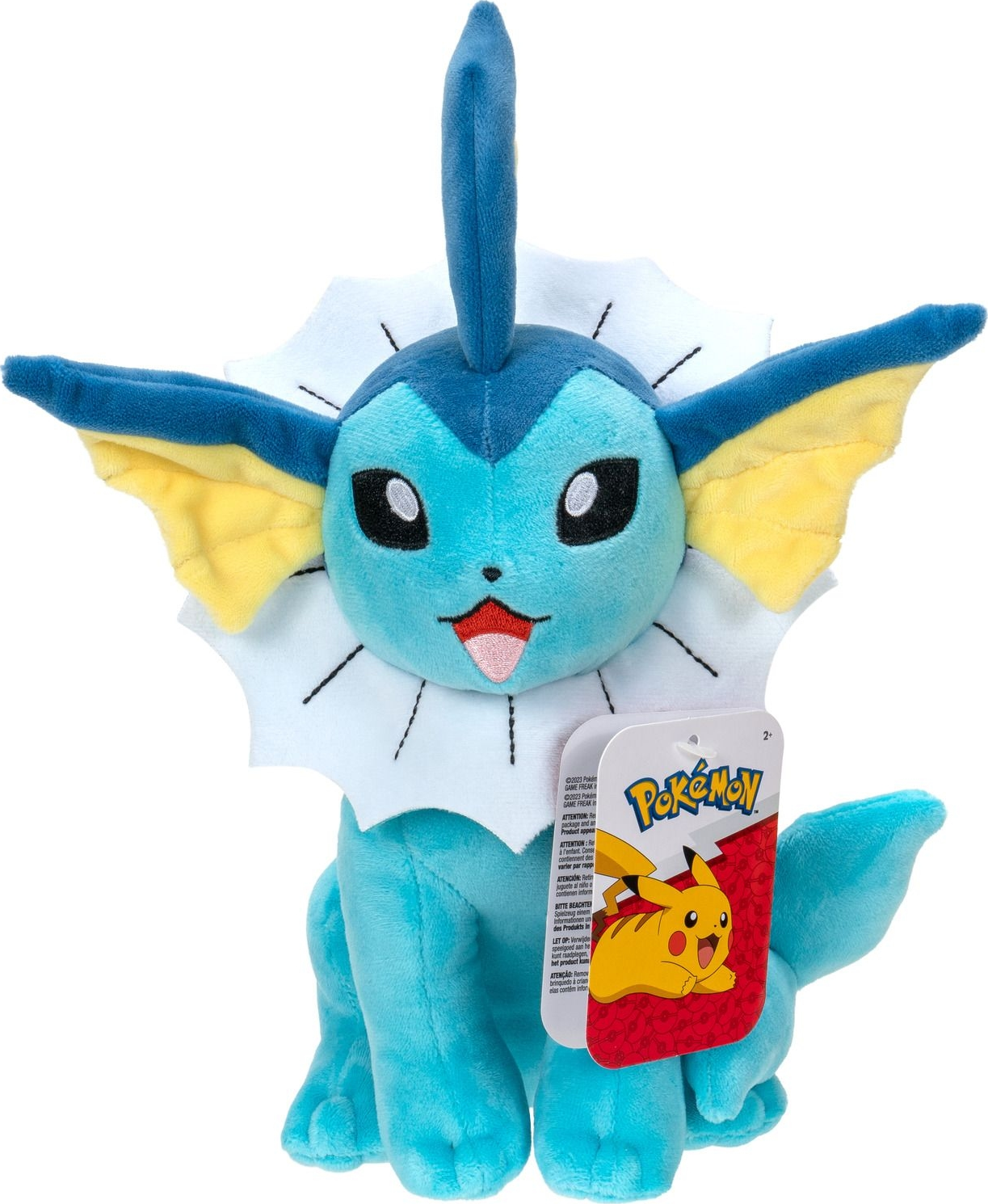 Ein Vaporeon-Plüschtier von Pokemon, blau, gelb und weiß, mit einem Anhänger.