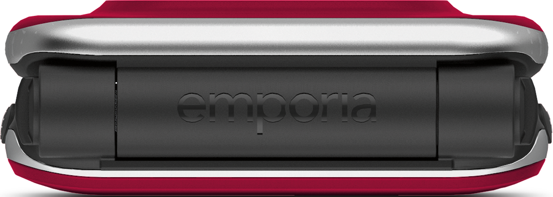 Emporia Telefonzubehör mit rotem und silbernem Design.