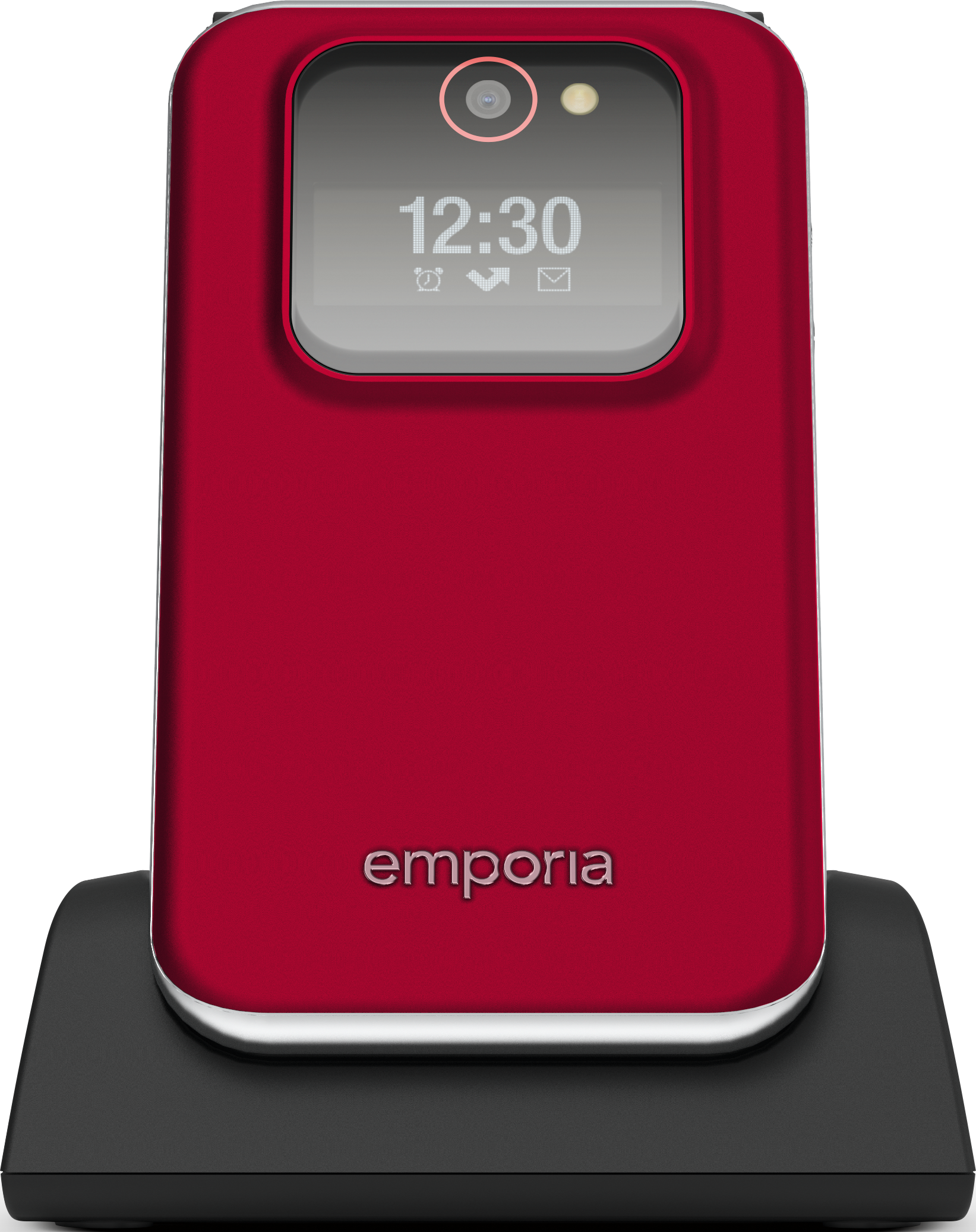 Rotes Emporia Klapphandy auf schwarzer Ladestation, mit Zeitanzeige.