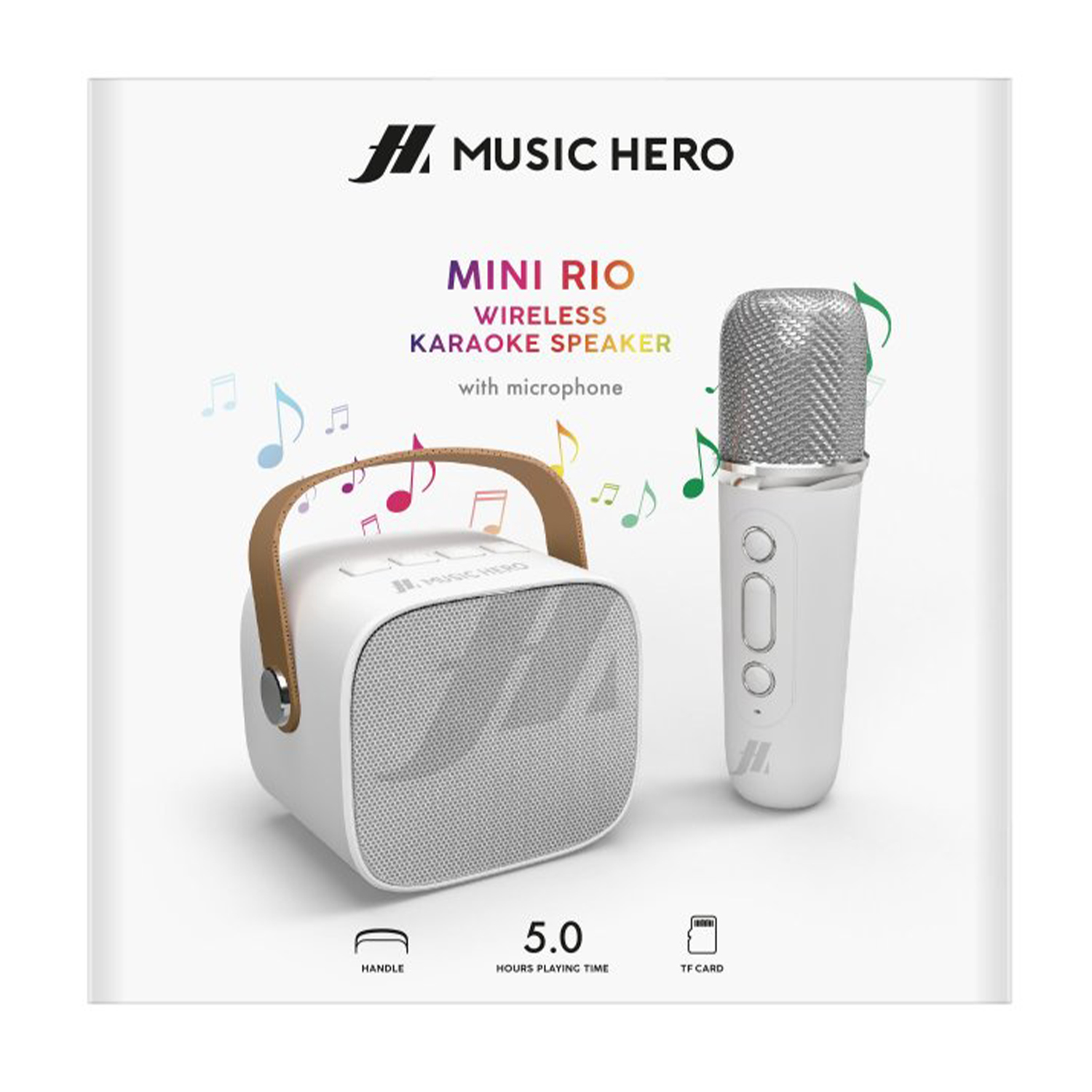 Altoparlante per karaoke bianco con microfono. L'altoparlante ha un'impugnatura e una parte anteriore in rete.