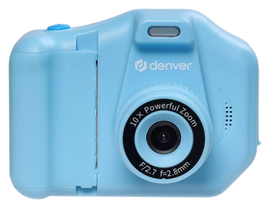 Blaue Kinderkamera mit Zoomobjektiv. Denver-Logo oben. Knöpfe und Details sind abgebildet.