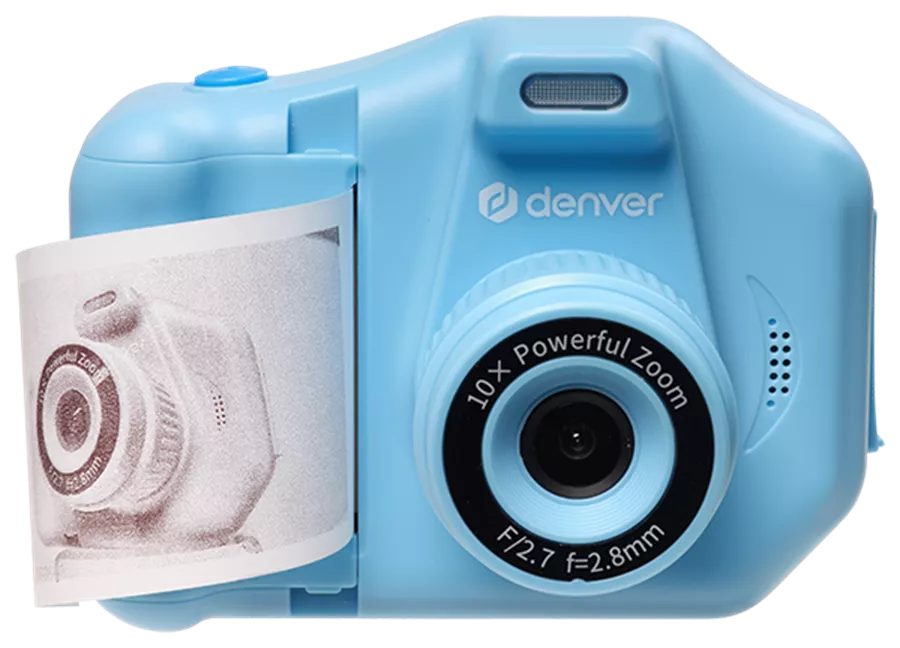 Hellblaue Denver-Kamera, Ausdruck eines Fotos rollt heraus. Schwarzes Objektiv und Zoom-Anzeige.