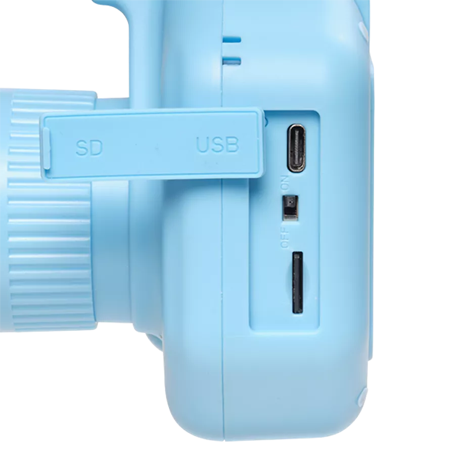 Eine hellblaue Kamera mit SD-, USB- und Ein/Aus-Anschlüssen.