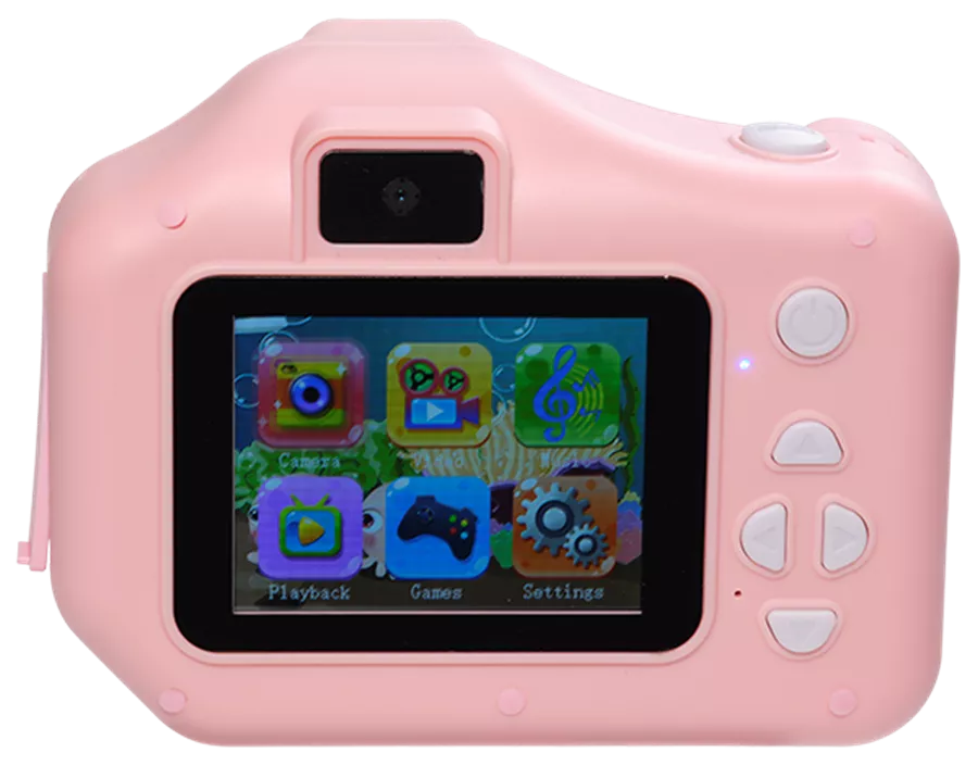 Rosa Kinderkamera mit Symbolen auf dem Bildschirm: Kamera, Wiedergabe, Spiele, Einstellungen.
