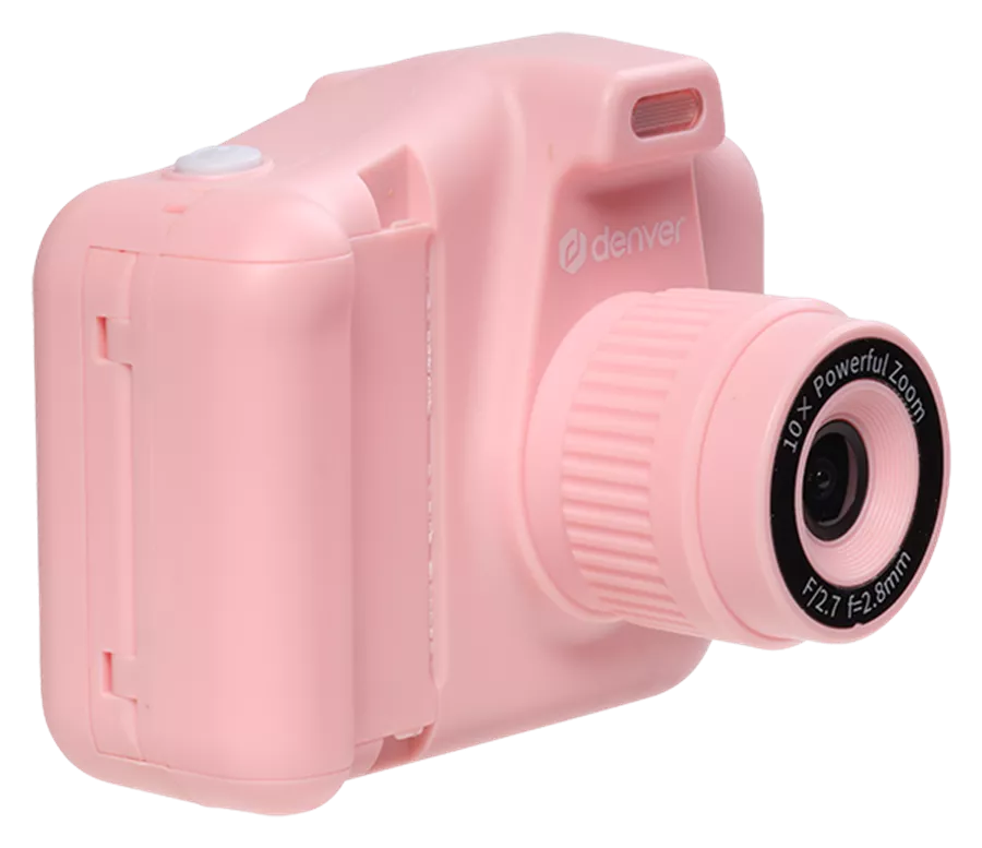 Rosa Digitalkamera mit Zoomobjektiv, angewinkelte Ansicht, isoliert.