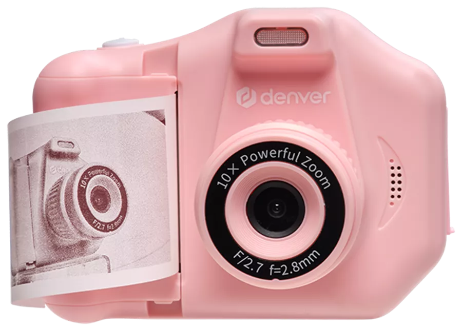 Eine pinkfarbene Denver Digitalkamera mit Zoom auf weißem Hintergrund.
