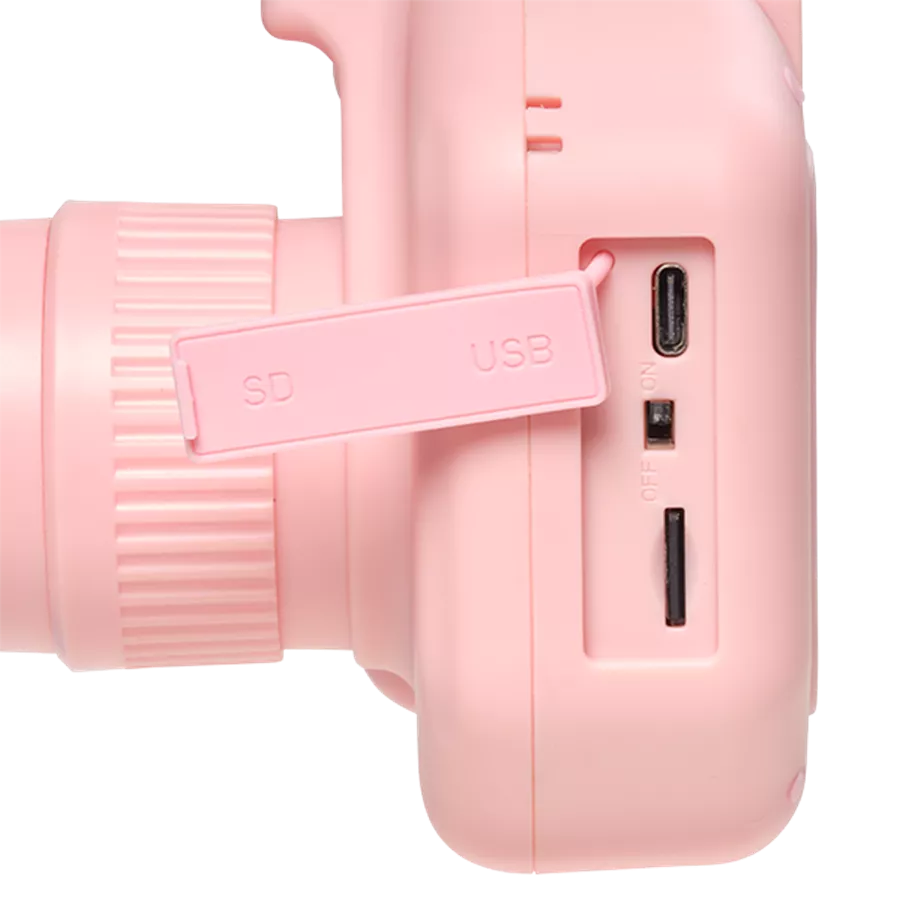 Eine rosa Kamera mit Anschlüssen für SD, USB und Strom, mit einem rosa Etikett.