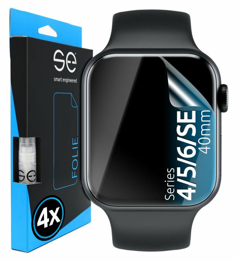 Zestaw osłony ekranu Apple Watch. Zegarek jest czarny z nałożoną osłoną ekranu.