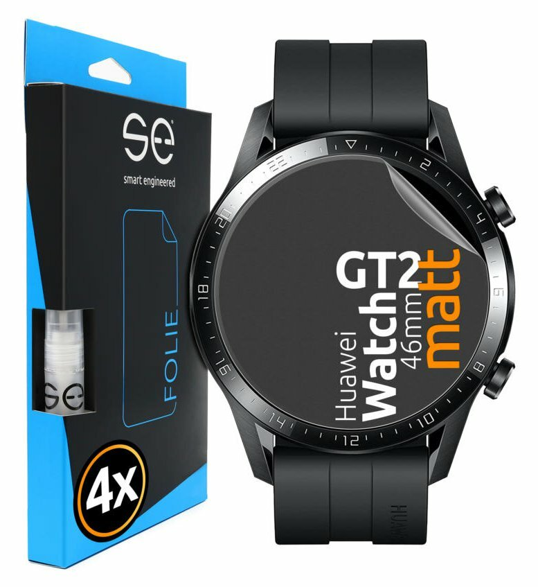 Czarny zegarek z ochraniaczem ekranu i pudełkiem. Zegarek leży na białej powierzchni.