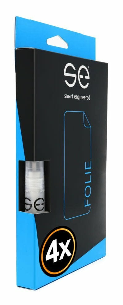 Niebieskie i czarne pudełko zawierające folie ochronne na ekran. Pudełko ma logo SE i tekst 4x.