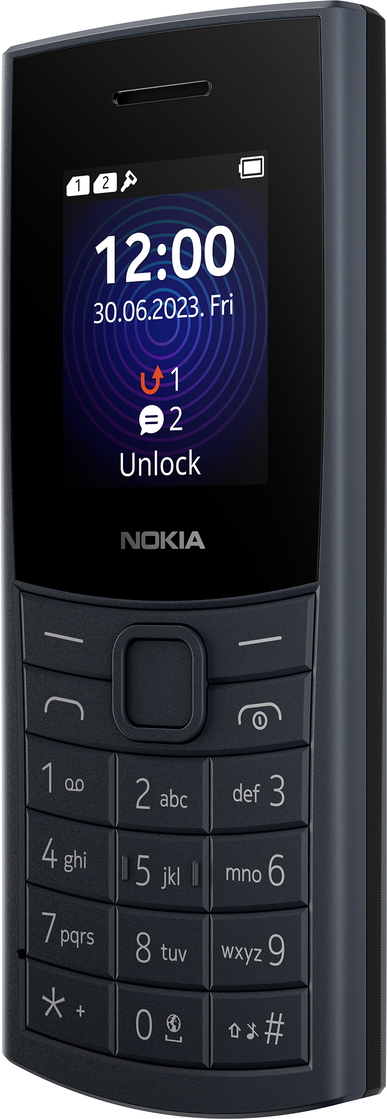 Fekete Nokia telefon látható kijelzővel, amely az időt és a feloldási utasítást mutatja.